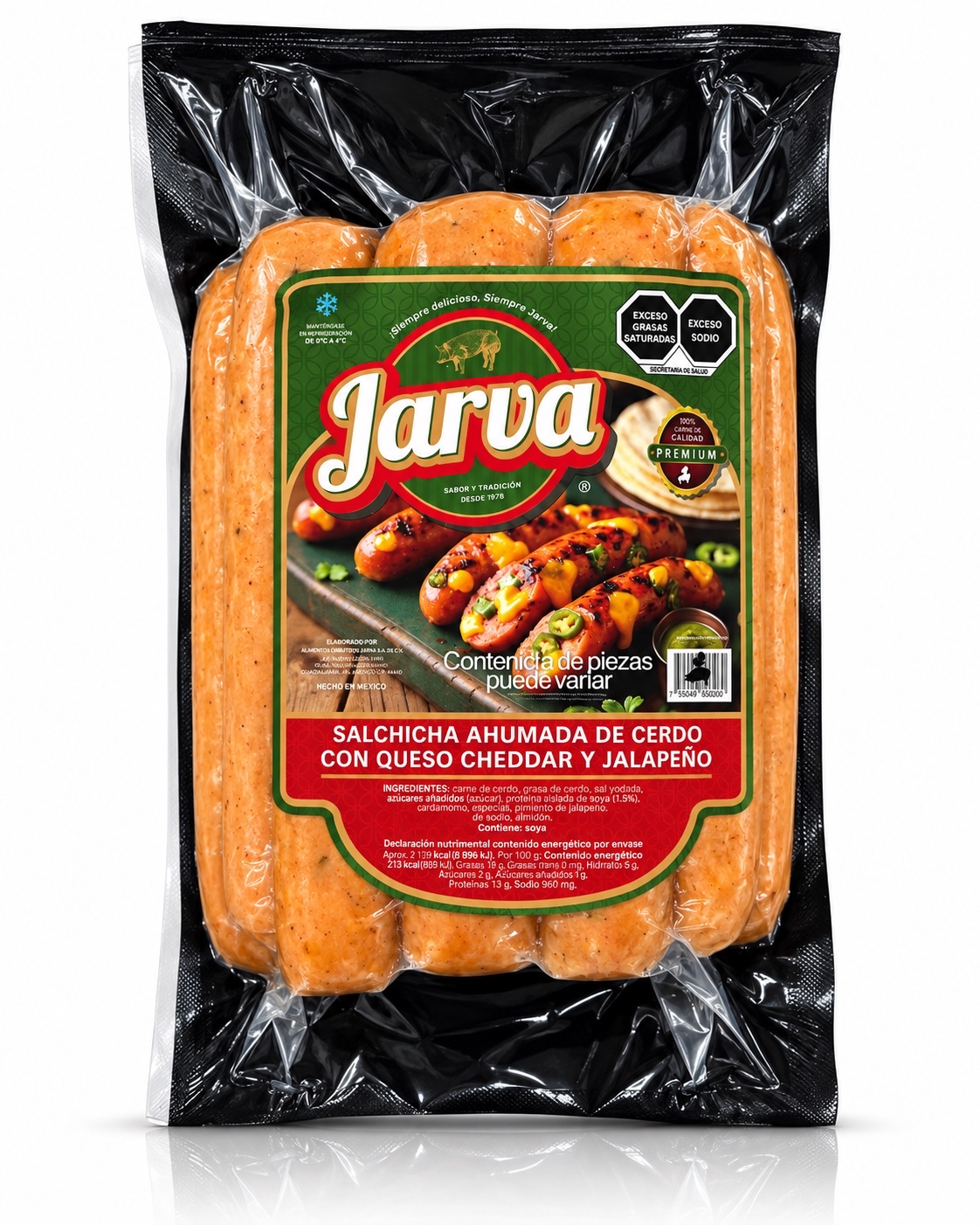 Salchicha ahumada de cerdo con queso cheddar y jalapeño JARVA, Con empaque